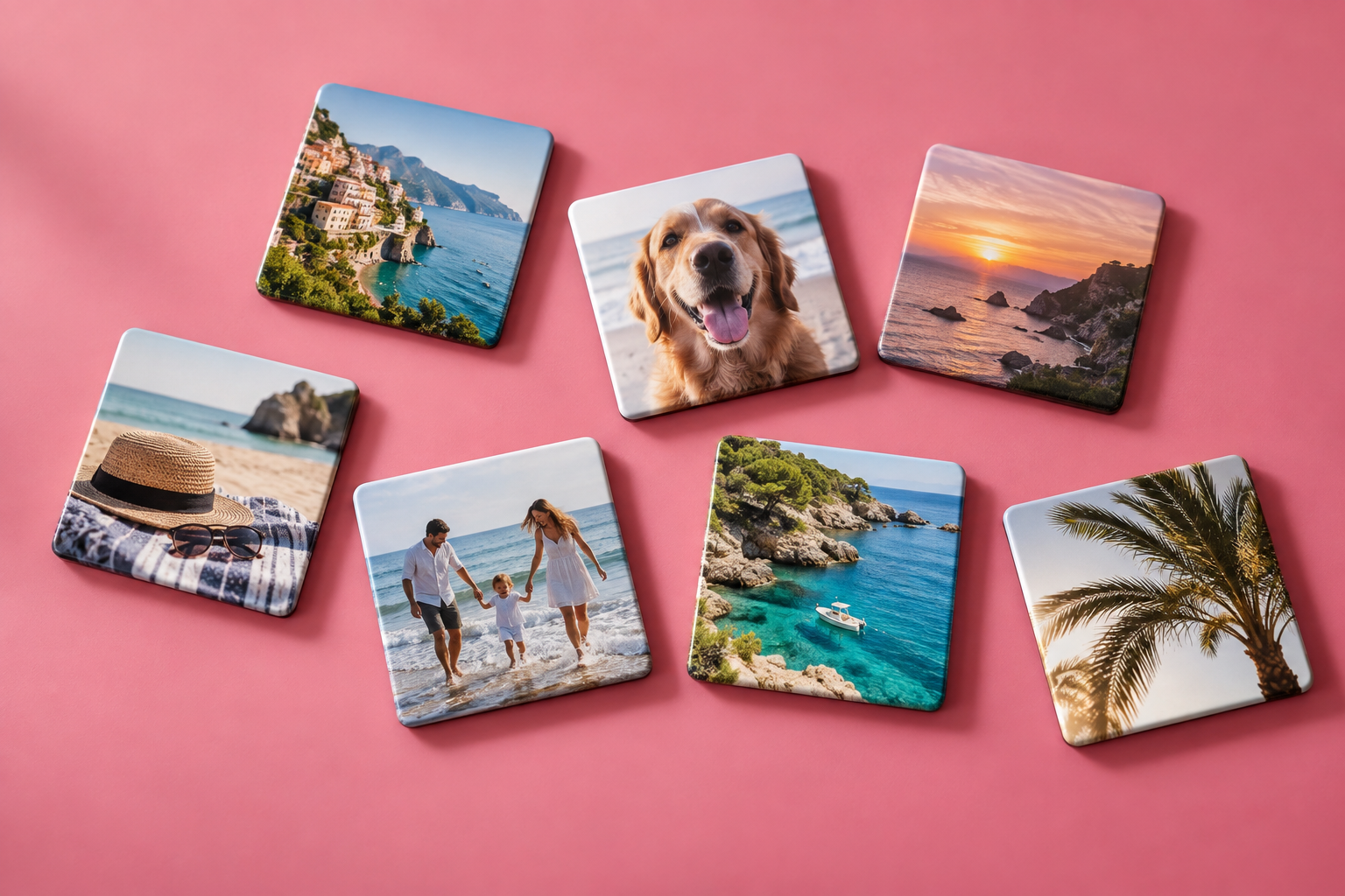 Illustrative arrangement of square photo magnets featuring a dog and vacation memories